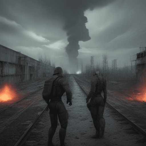 AI generated: explosion at the Chernobyl station, mutants around, two stalkers shoot back from mutants, field, ano...