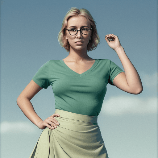 AI generated: Realistic photo of a young, graceful, blonde, Caucasian, tanned woman, with green eyes, with square ...