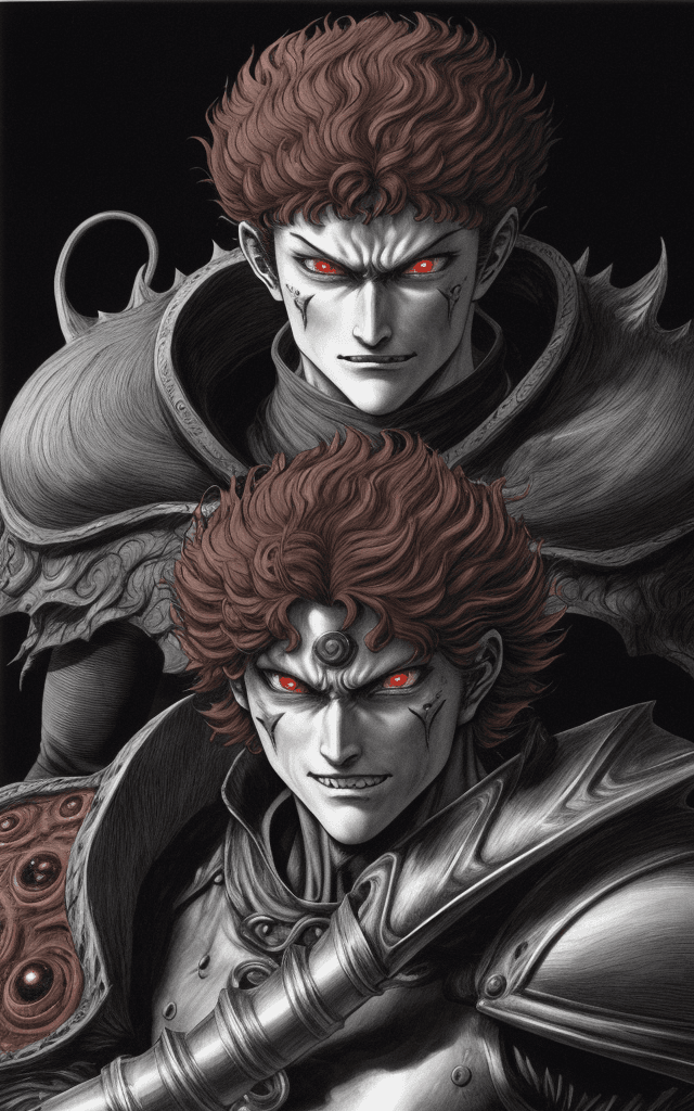 AI generated: monochrome, only eyes glowing red, a man with big eyes, brown hair with tuft, in golden armor, with ...