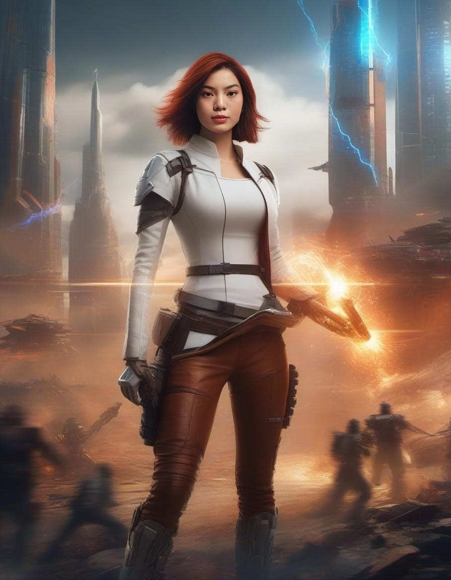 AI generated: triss merigolg in full body Makes a spell versus robots in big city, Makes a spell against robots on...