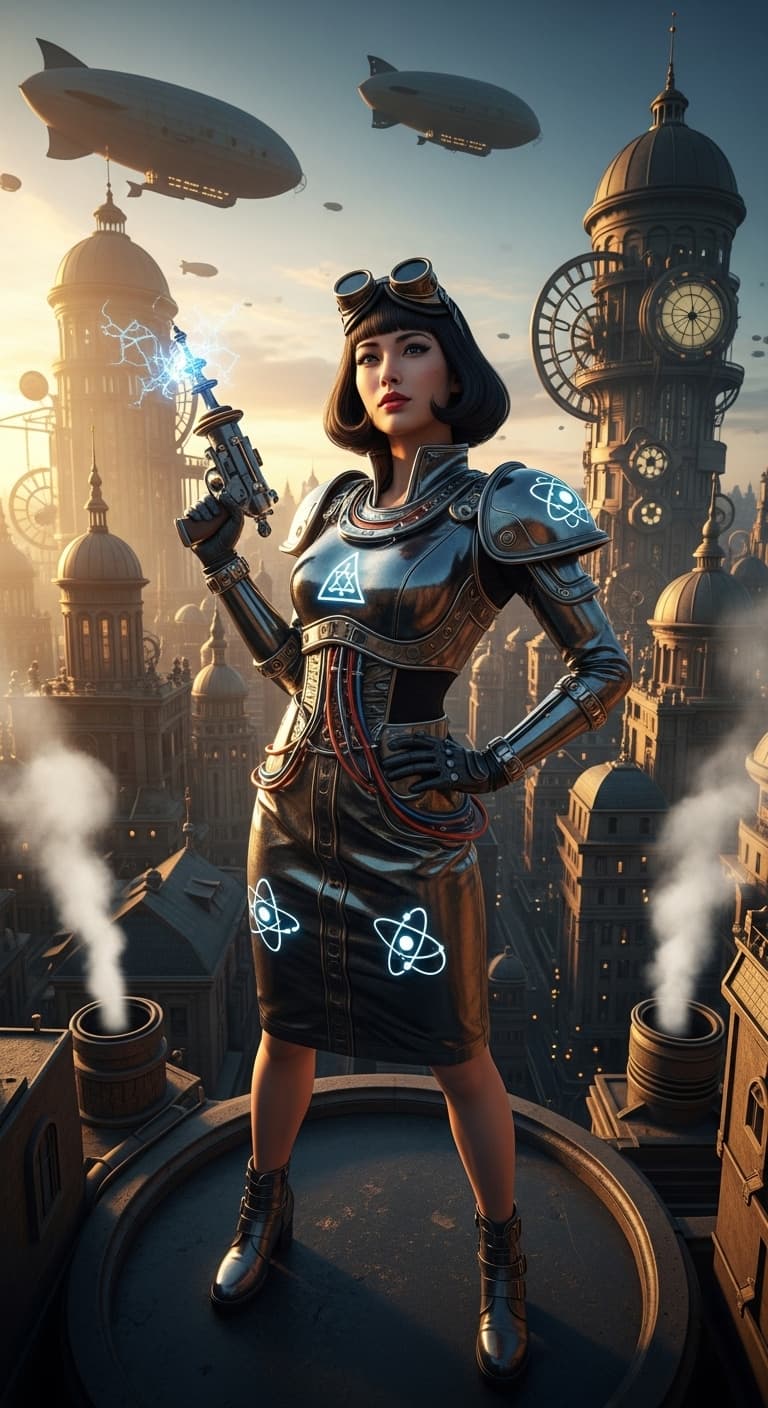 AI generated: A 30-year-old Japanese beauty.Atompunk,Whole body image, High Angle Shot, cinematic shot, Center the...
