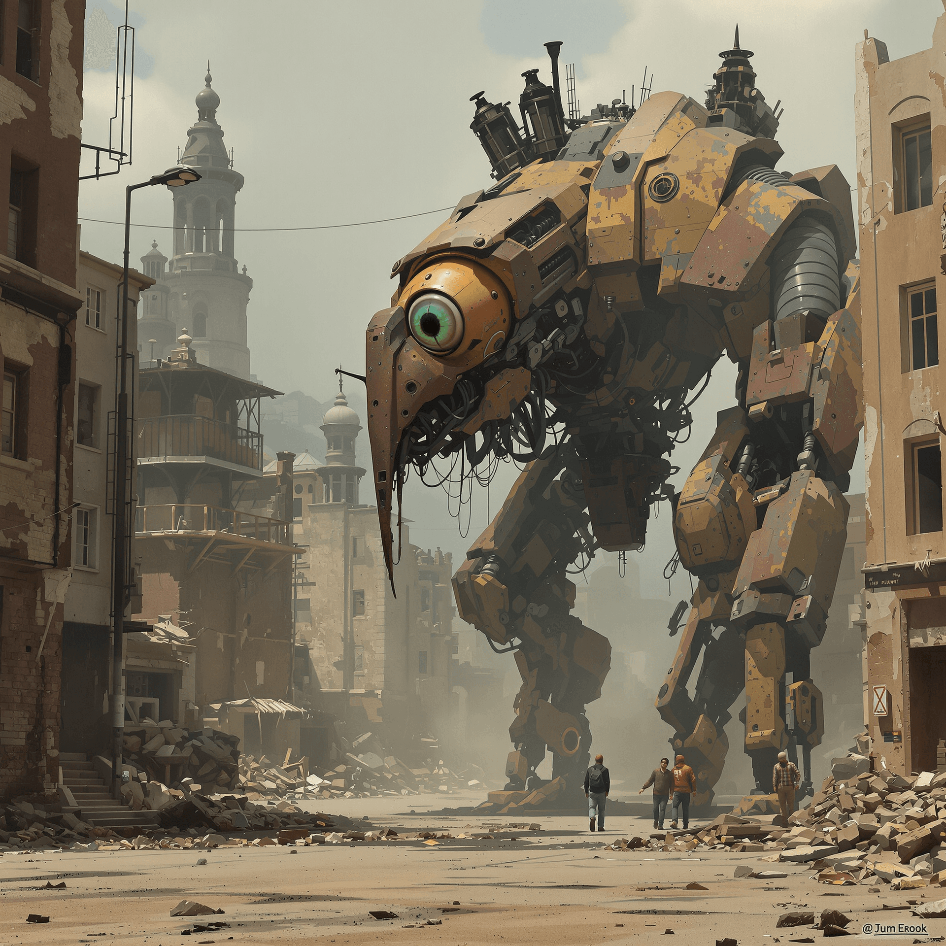AI generated: Create a strange futuristic sci-fi scene in a desolate wasteland in a future city devastated by war....