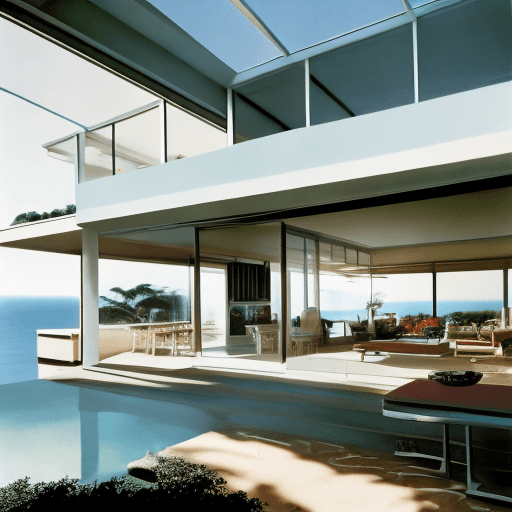 AI generated: Hyper realistic eye level exterior photo of a mid century modern style house overlooking the ocean, ...