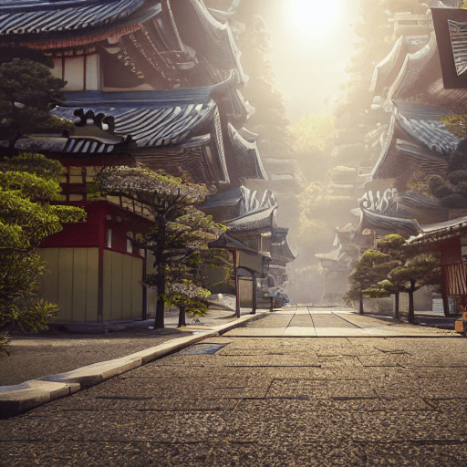 AI generated: a wonderful traditional japanese city, day light, detailed, multi color vegetation, myst, empty stre...