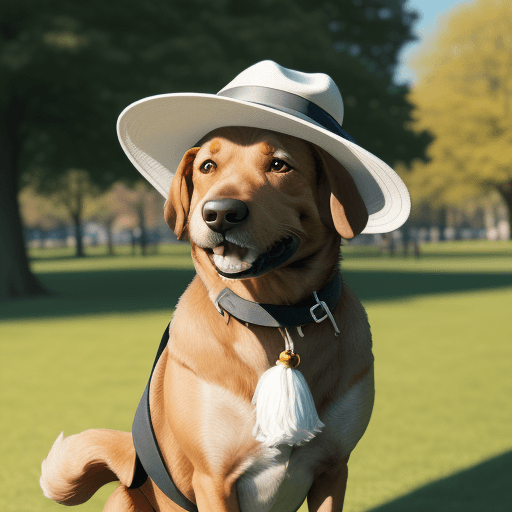 AI generated: A dog in a hat in the park on sunny day camera 55 mm blured background 21 century happy photo