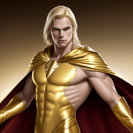 AI generated: male super hero named champion blond hair, no symbol, skin tight gold suit, golden cape, gold gloves...