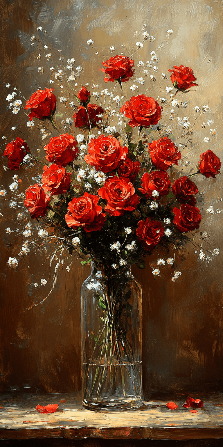AI generated: A massive bouquet of red roses and baby's breath in a glass vase on a wooden table in a Tuscan villa...