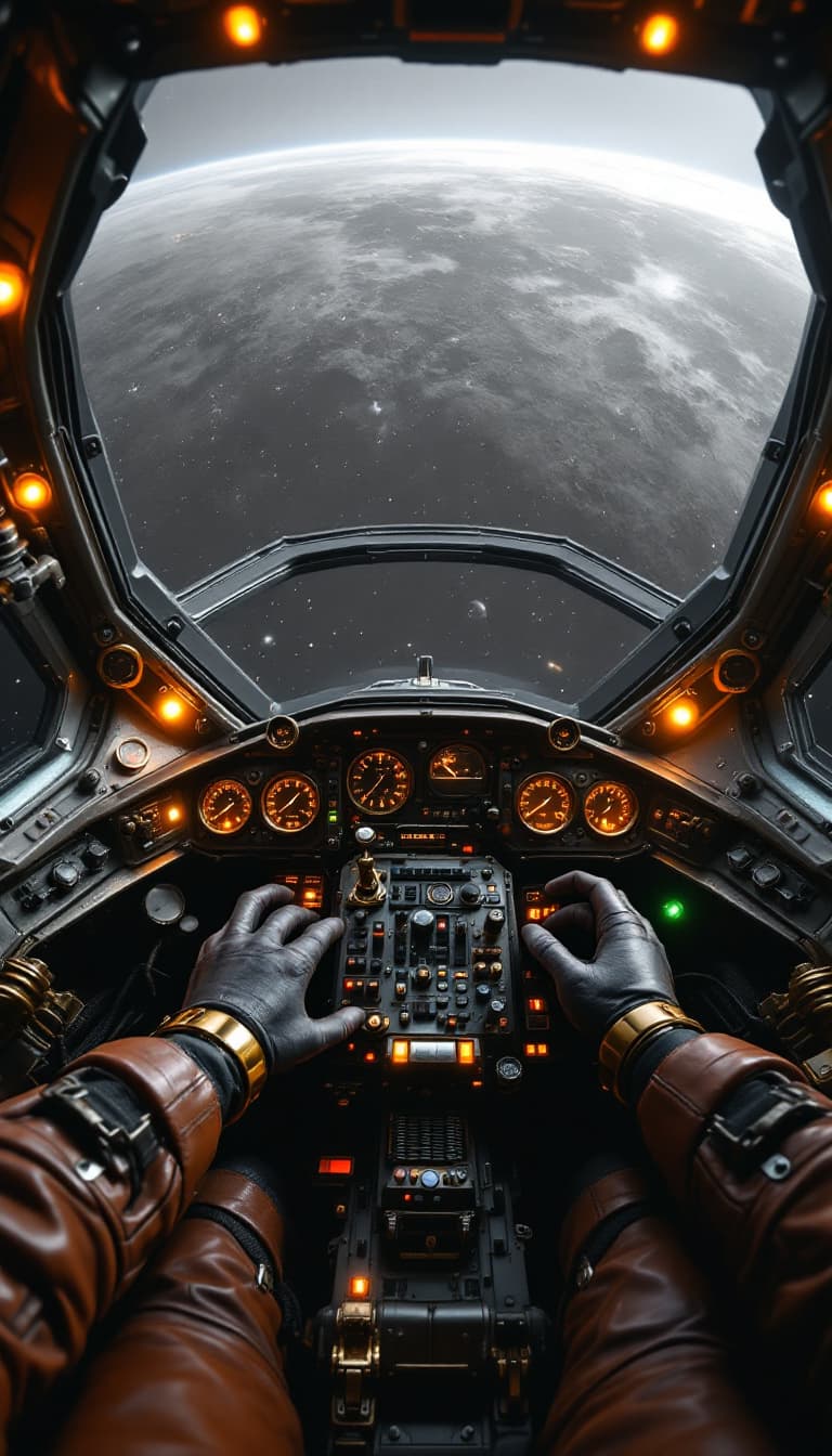 AI generated: First-person POV from the cockpit of a large steampunk-inspired spacecraft. The camera is fixed as i...