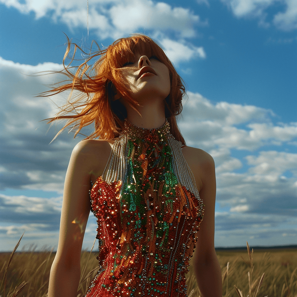 AI generated: model woman, red hair, in a beaded dress, red, green, yellow, standing in a field, against a blue sk...
