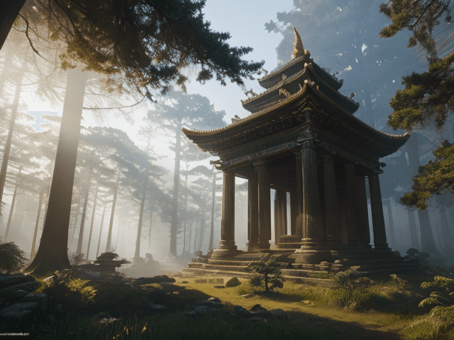AI generated: In the midst of a legendary forest teeming with vegetation, a magnificent ancient temple emerges fro...