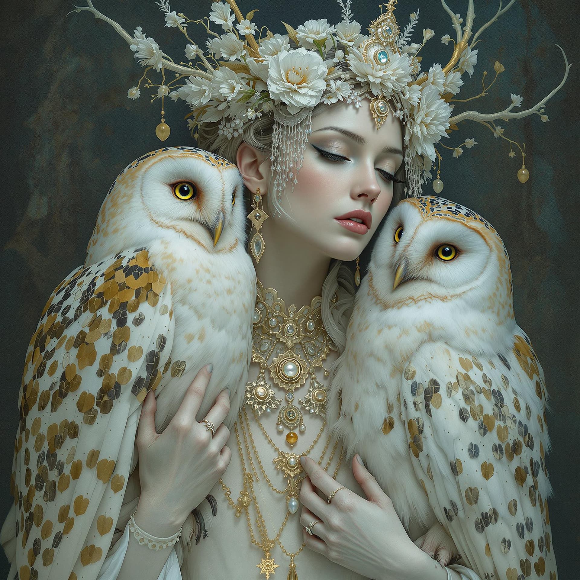 AI generated: images of woman with her owls, in the style of ethereal beauty, porcelain, dark white and light azur...