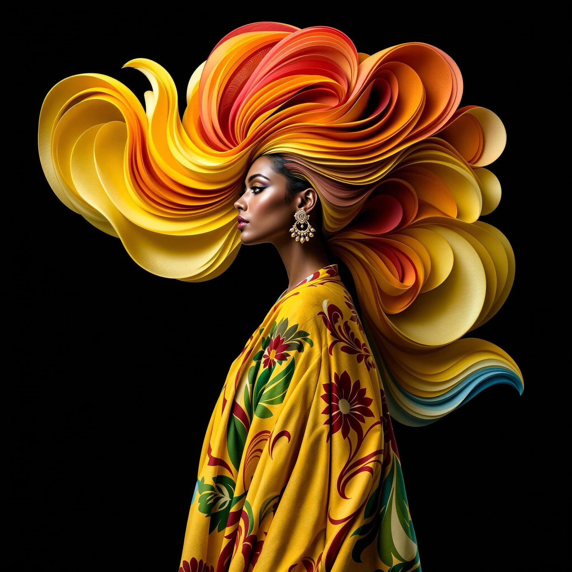 AI generated: Full body of an Indian woman, standing, turn around towards the camera, with a flowing, sculptural h...