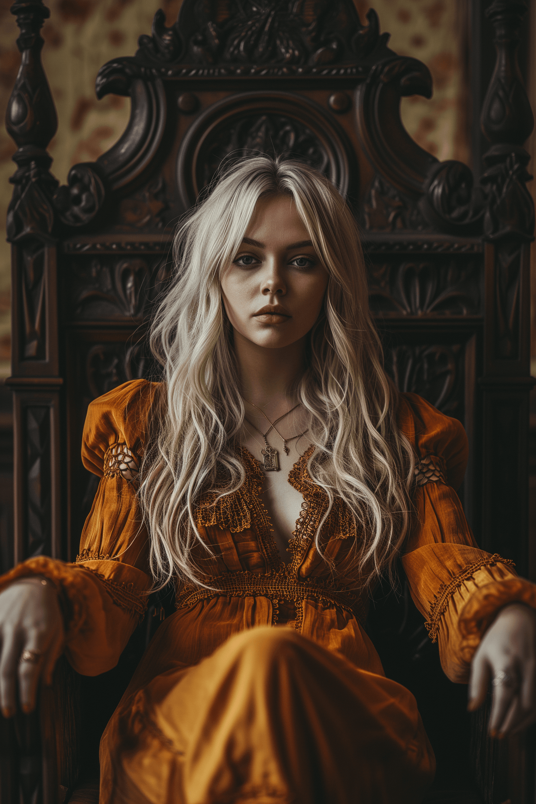 AI generated: vintage photo of beautiful blonde pagan priestess sitting in a dark wood throne, in the style of wit...