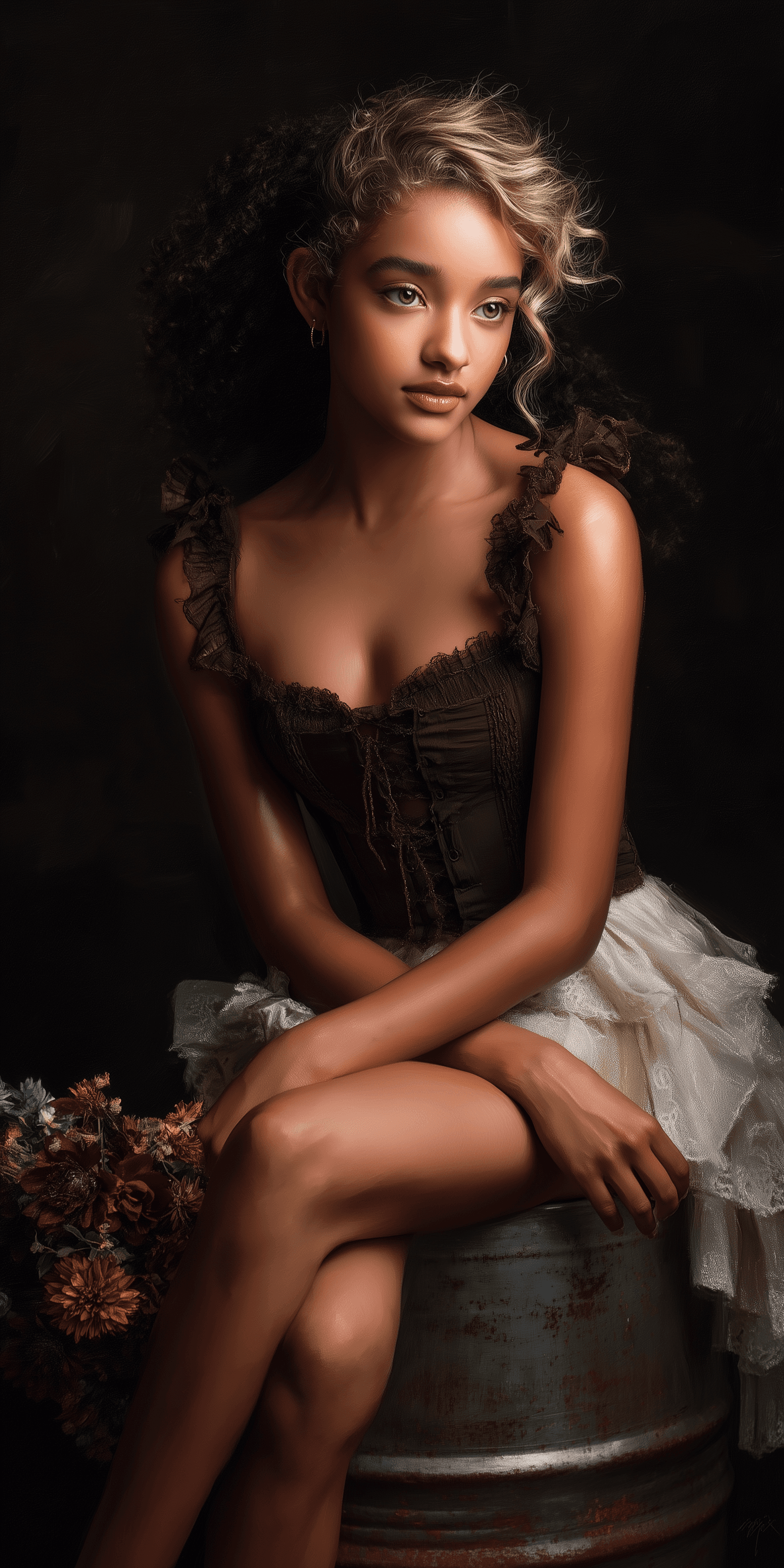 AI generated: A studio portrait of a young Black woman in a brown dress sitting on an old metal barrel. She wears ...