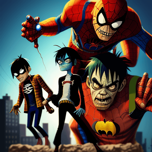 AI generated: 2-D from Gorillaz as Spider-man
Murdoc from Gorillaz as Batman
Noodle from Gorillaz as Iron man
Russ...