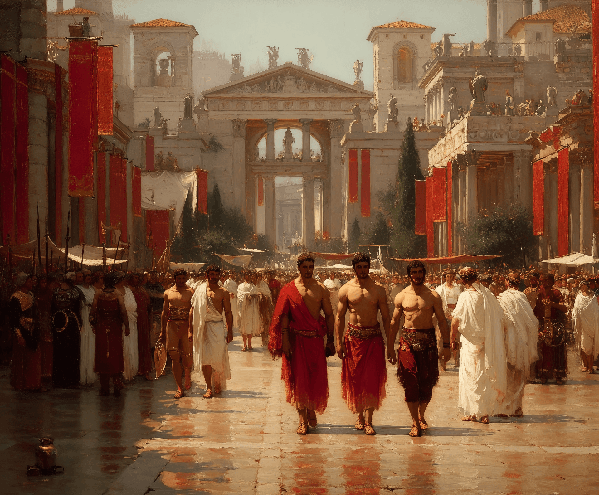 AI generated: group of men in ancient rome 16:9 --chaos 40 --ar 6:5 --style raw --profile 8dtrl7a --stylize 450 --...