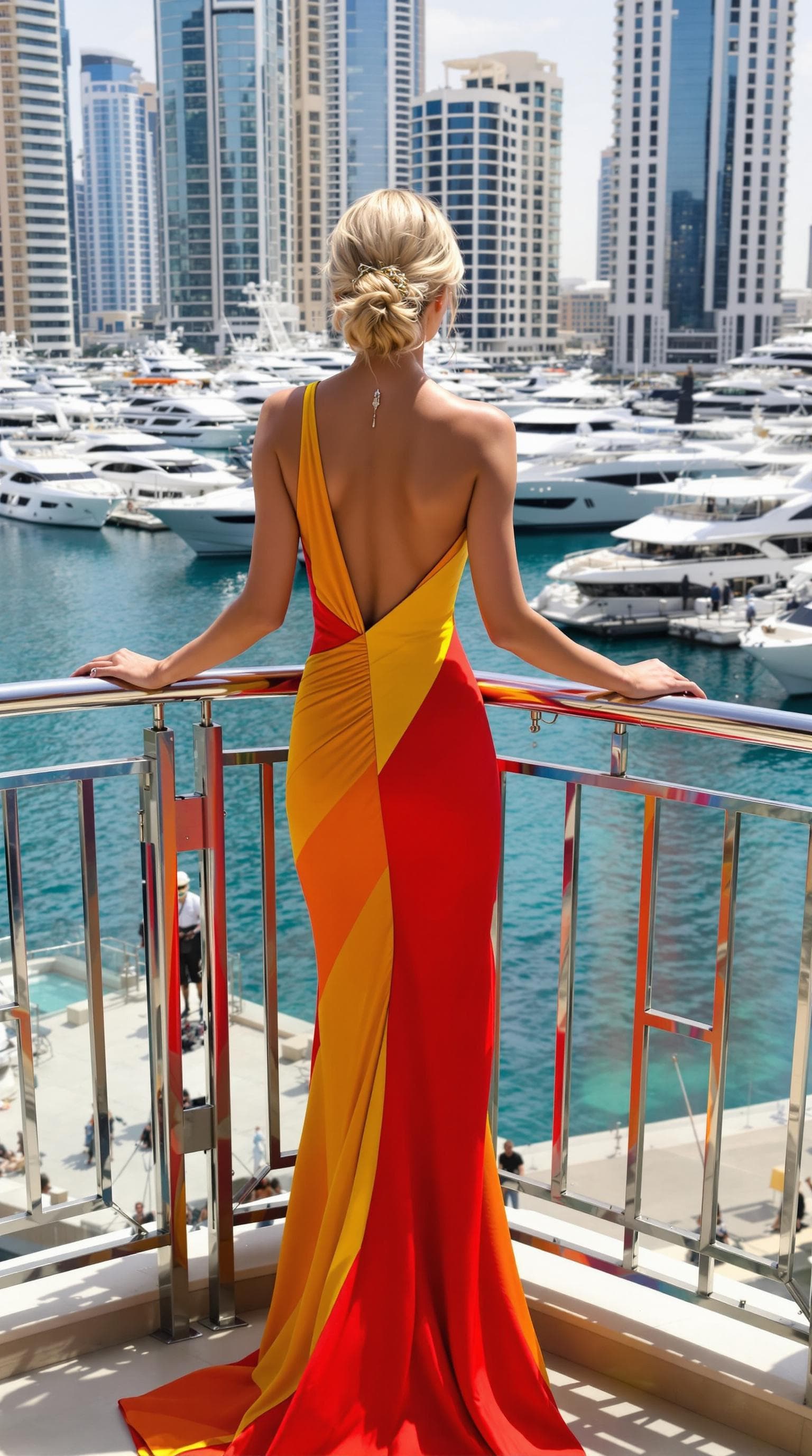 AI generated: 4. Europäische Eleganz in der Dubai Marina**  
Eine blonde, europäische Frau trägt ein stilvolles, a...
