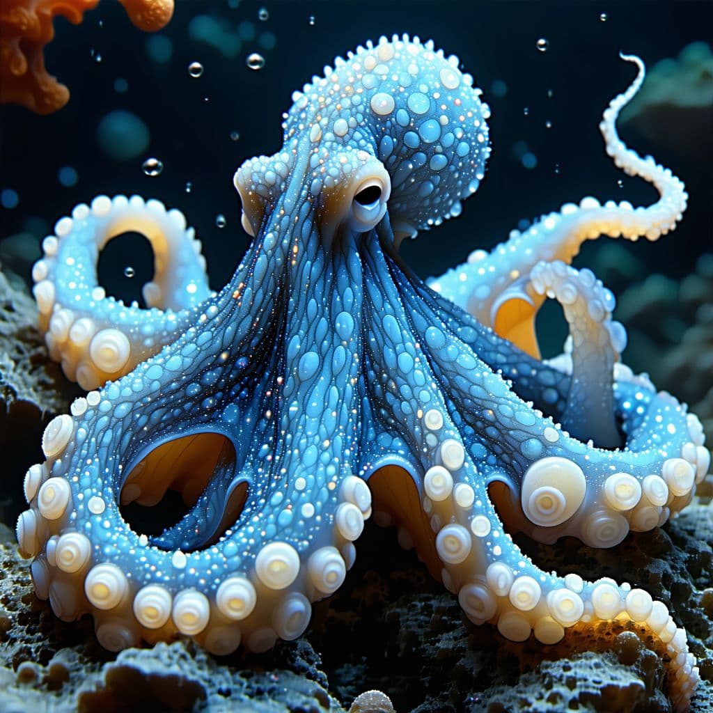 AI generated: the image of a blue and white octopus, otherworldly, soggy, sparklecore, spiky mounds, puffy shine, ...