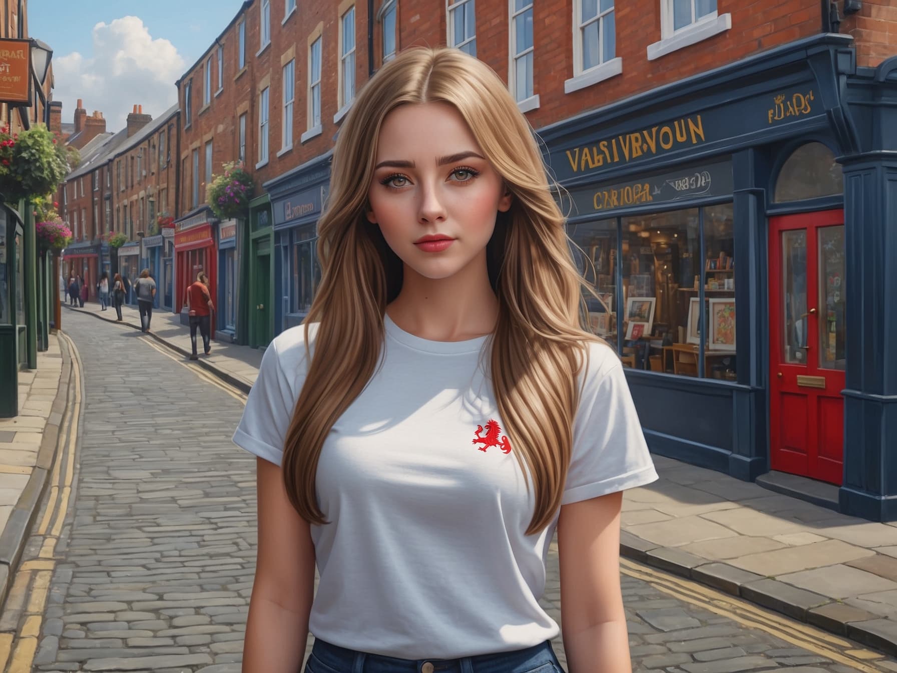 AI generated: a painting of a woman standing in front of a store, a photorealistic painting by Mandy Jurgens, tren...