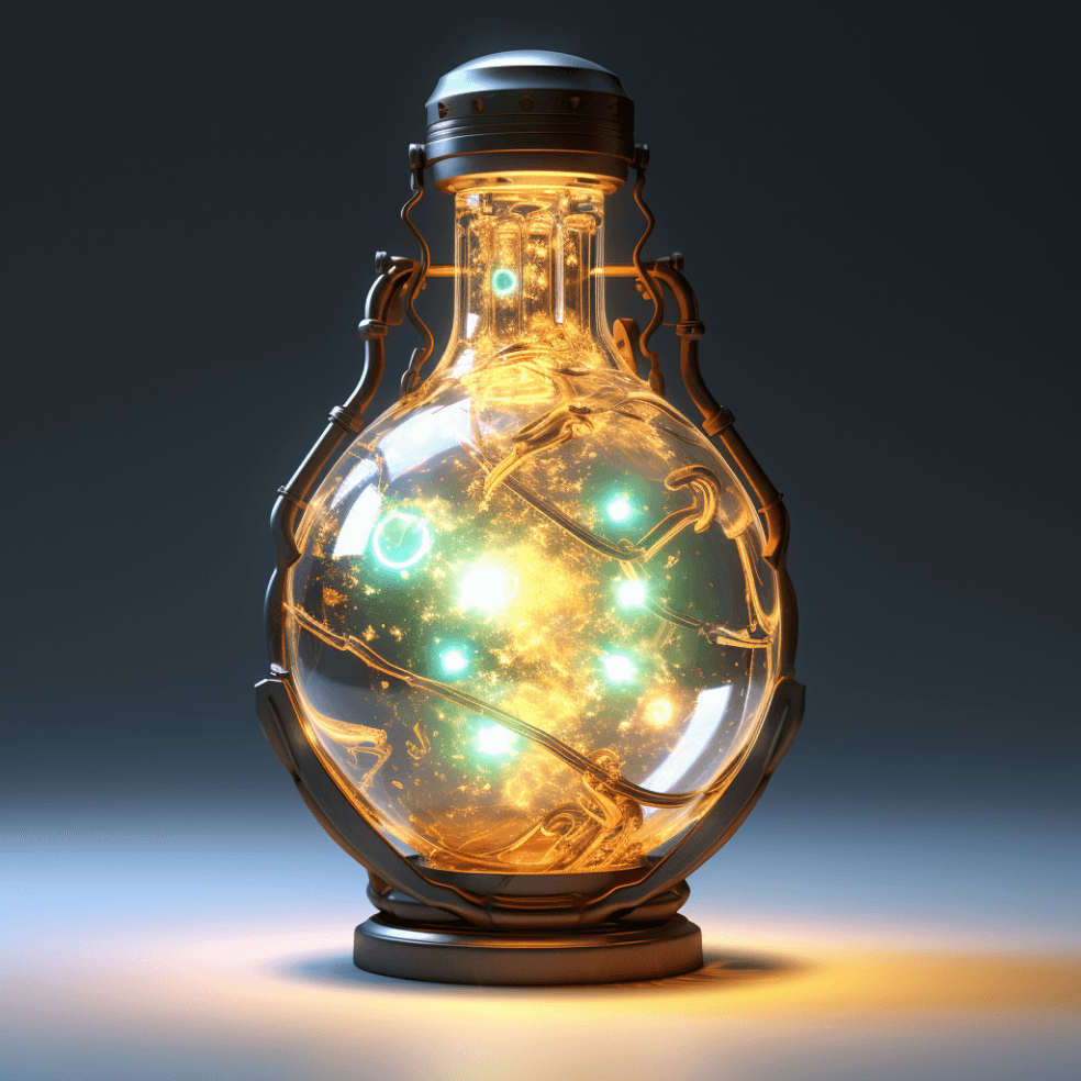 AI generated: something new material, futuristic energy resource, in the unique bottle, detailed, in style of arts...