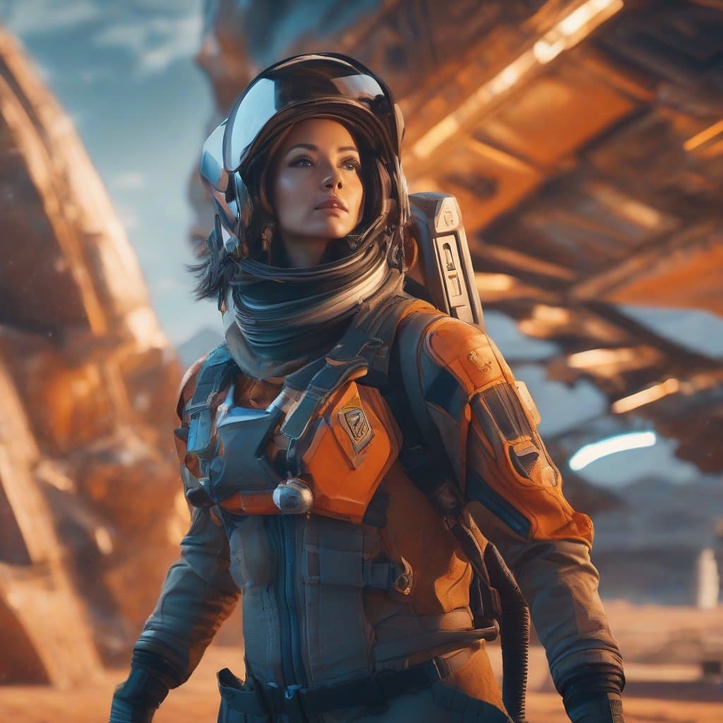 AI generated: highest quality photo of female explorer (orange:4), (blue:5) [spacesuit:tight jumpsuit:0.5], spaces...