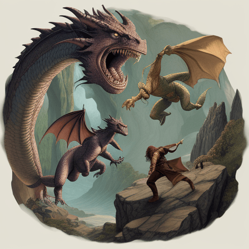 AI generated: Five middle_earth men falling, dragon in cave, illustration style