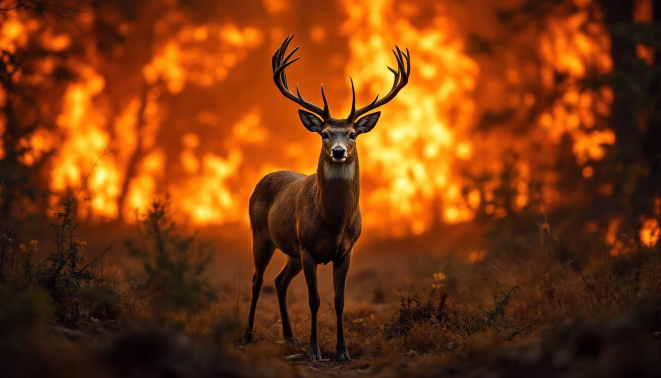 AI generated: A deer stands and looks straight ahead, against the backdrop of a raging forest fire