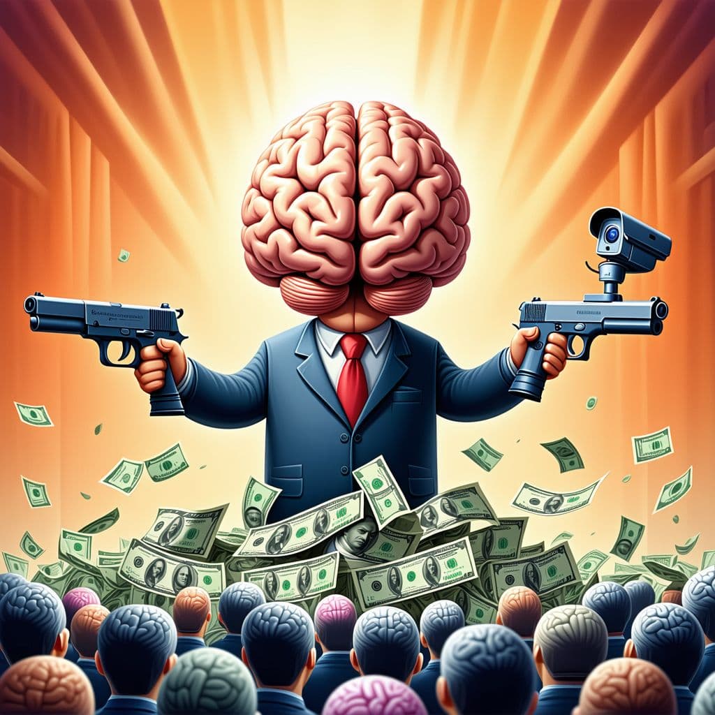 AI generated: a brain has two arms, one with a machine gun, one with a bag of dollar, the head of brain has a CCTV...
