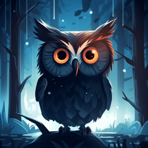 AI generated: Vector, Mysterious Cartoon Owl In A Haunted Forest, Eerie, Spooky, Dark animation style, Ilya Kuvshi...