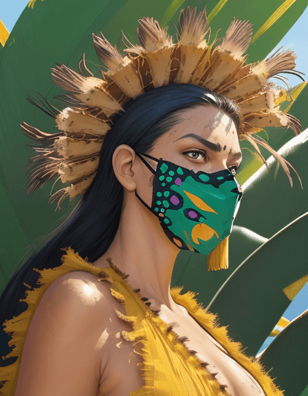 AI generated: commercial illustration of a woman (with a zoque face mask of a jaguar ((all over the face)), ) dres...