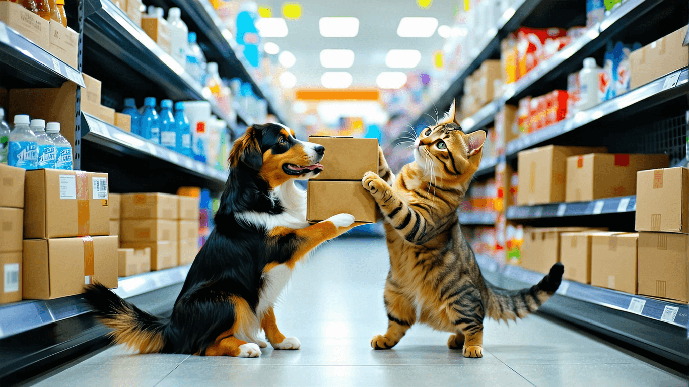 AI generated: A lifelike scene of a dog and a cat working together in a retail store, acting like employees as the...
