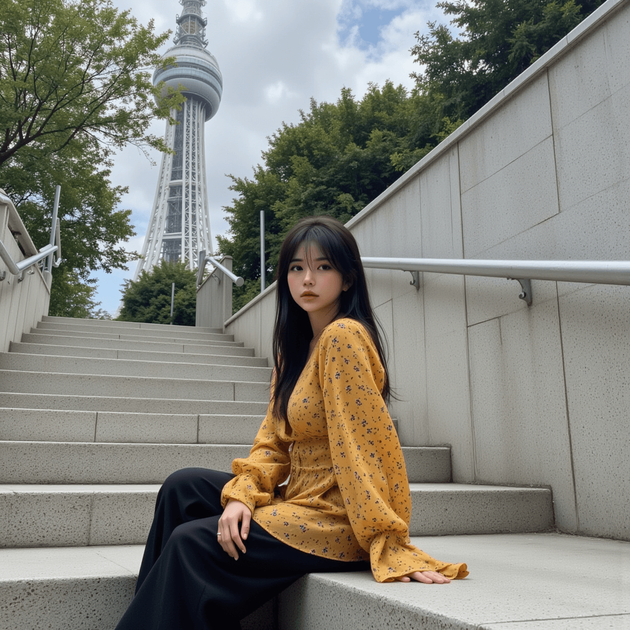 AI generated: A full-body, ultra-realistic, dynamic low-angle street-style photo of a young Japanese woman in her ...