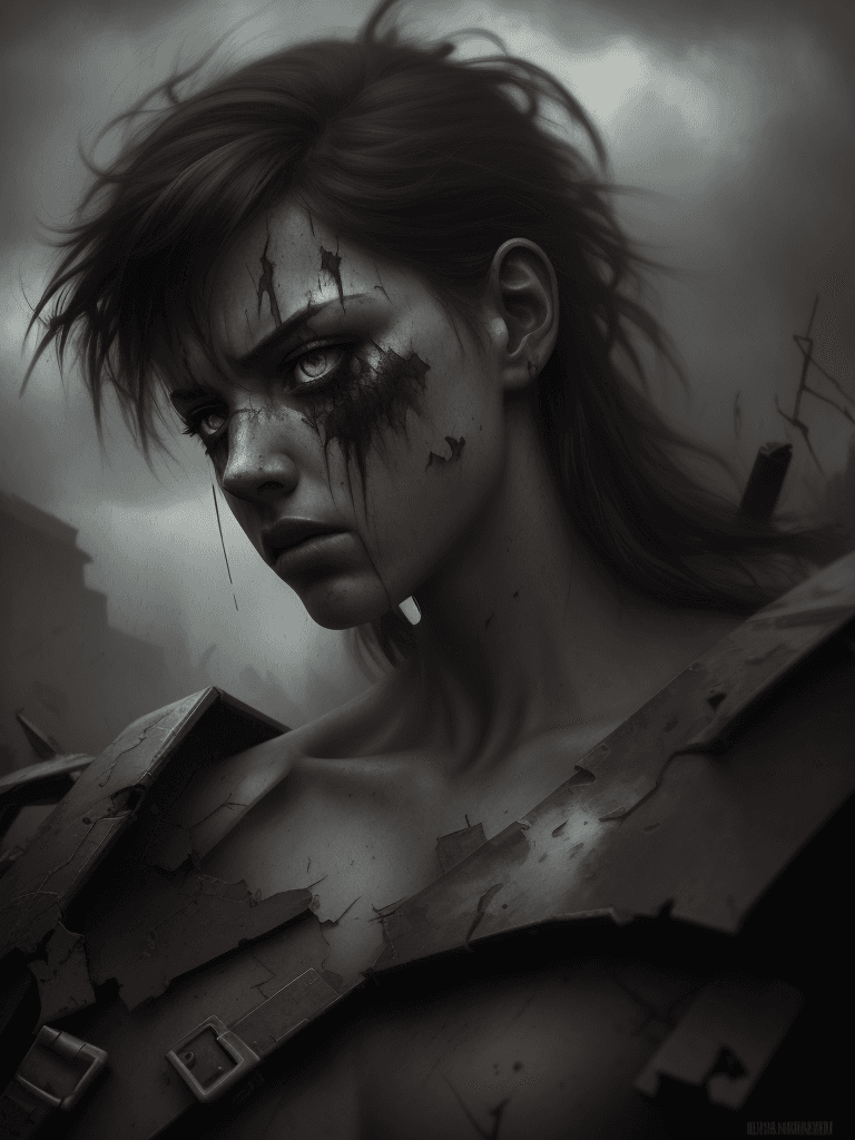 AI generated: broken but ready to fight, gloomy background, epic composition, brutal, cinematic, dramatic, digital...