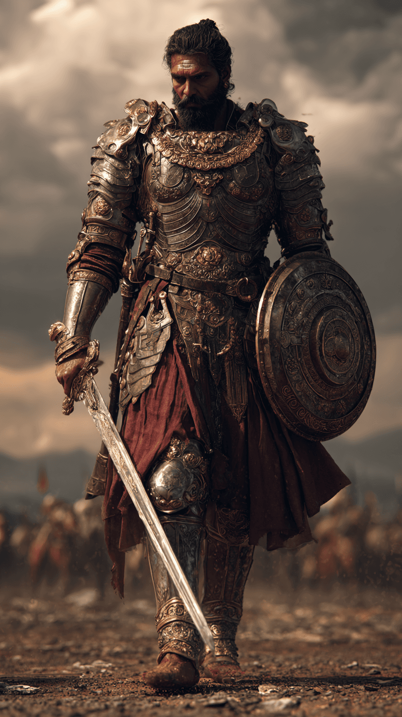 AI generated: indian male warrior from Mahabharatha, wearing etnic armor with a sword, on a battlefield, dramatic ...