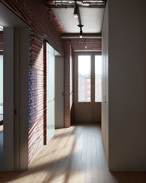 AI generated: High resolution photography of interior design, OF A CORRIDOR INSIDE A HOUSING BUILDING WITH TWO BRI...