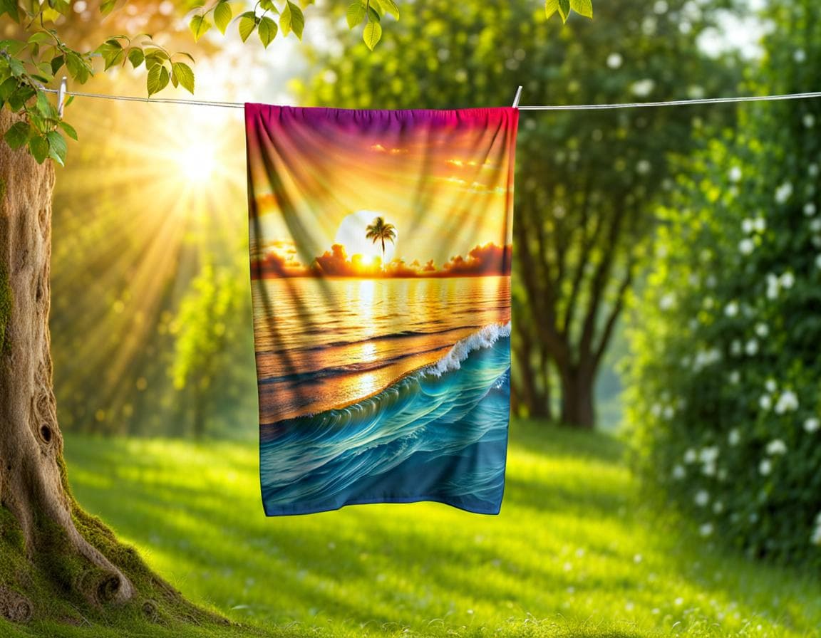 AI generated: A MAGICAL FANTASY image on a (Towel) on a outdoor wire hanger, highly detailed, 8k sharp focus quali...