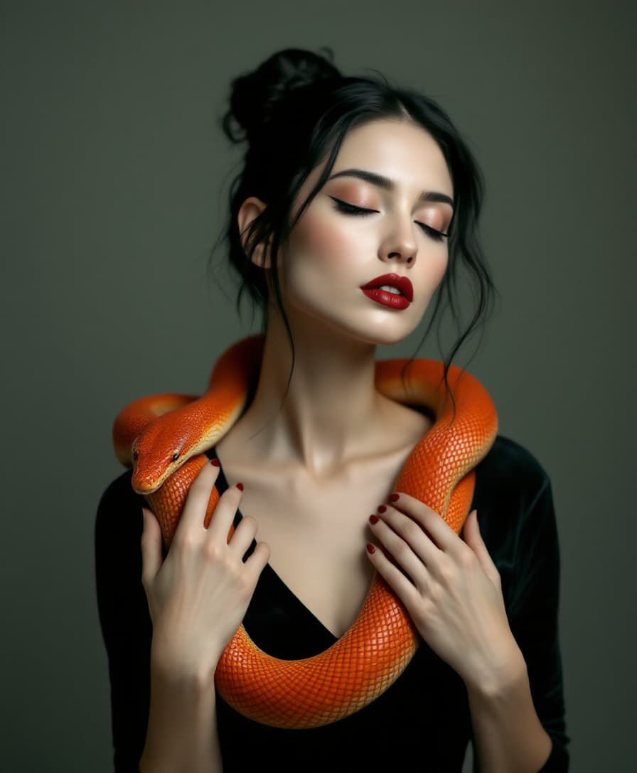 AI generated: Pale-skinned woman with closed eyes, long dark hair in a bun, wearing a close-fitting black velvet t...