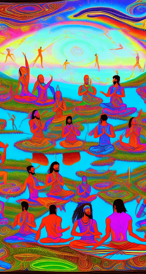 AI generated: Psychedelic group of people men and spiritual women near lake in Georgia. Some people do yoga play o...