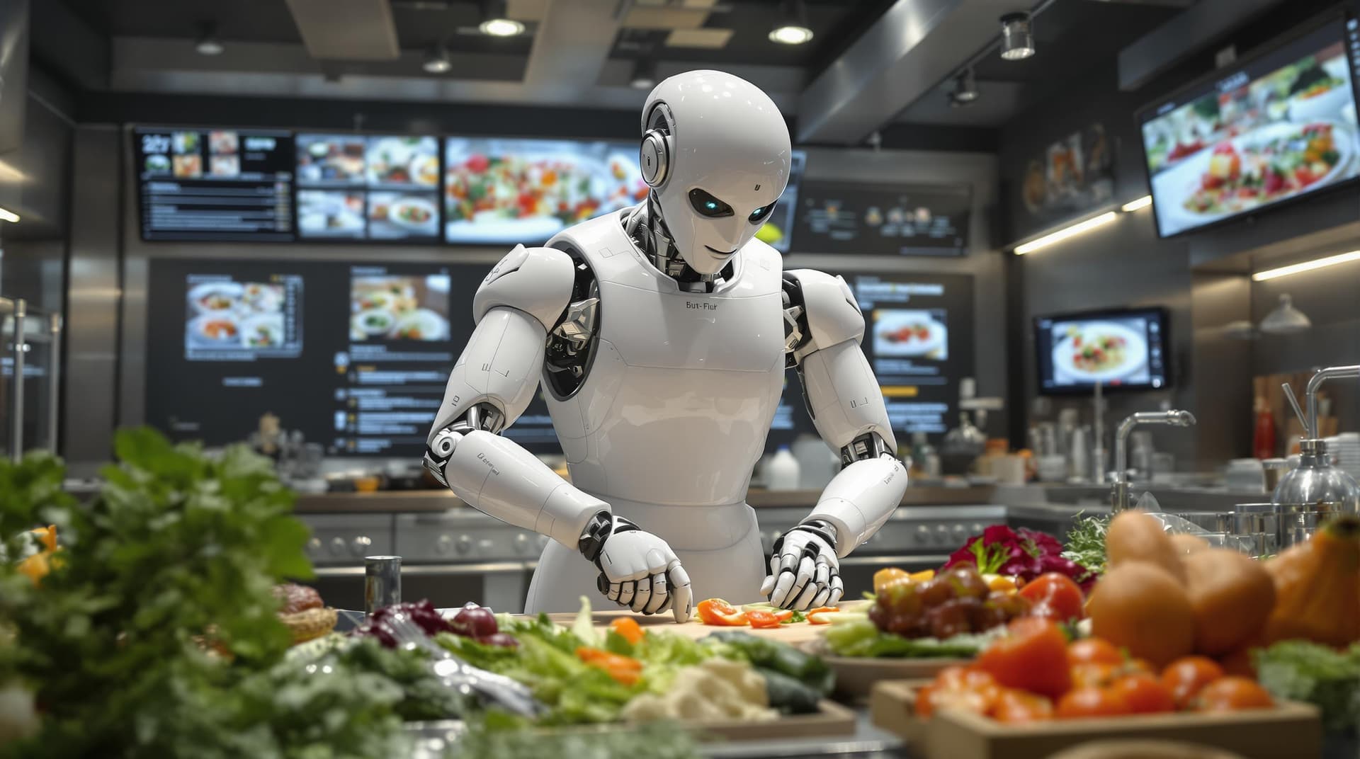 AI generated: A humanoid robot chef preparing a gourmet meal in a futuristic kitchen. Advanced robotic arms choppi...