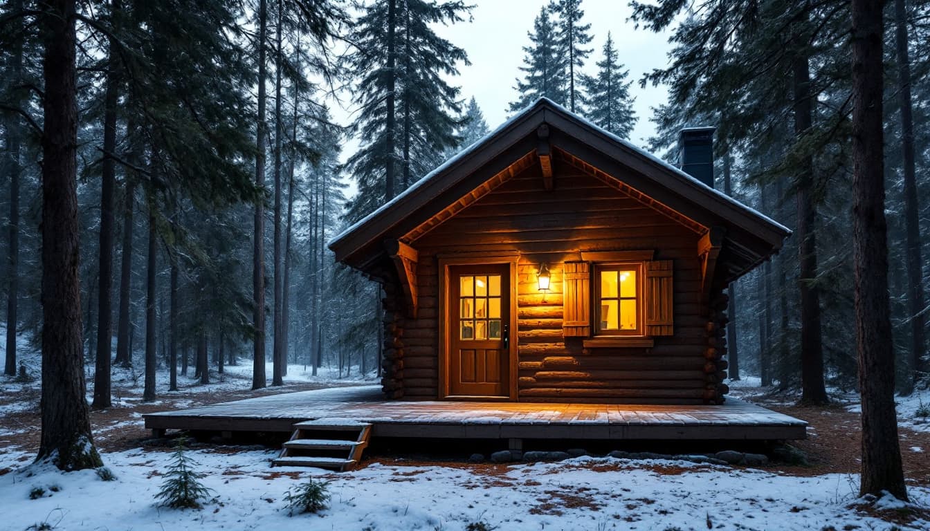 AI generated: one floor wooden cottage with two windows with wooden shutters, a door in front, wooden roof, terrac...