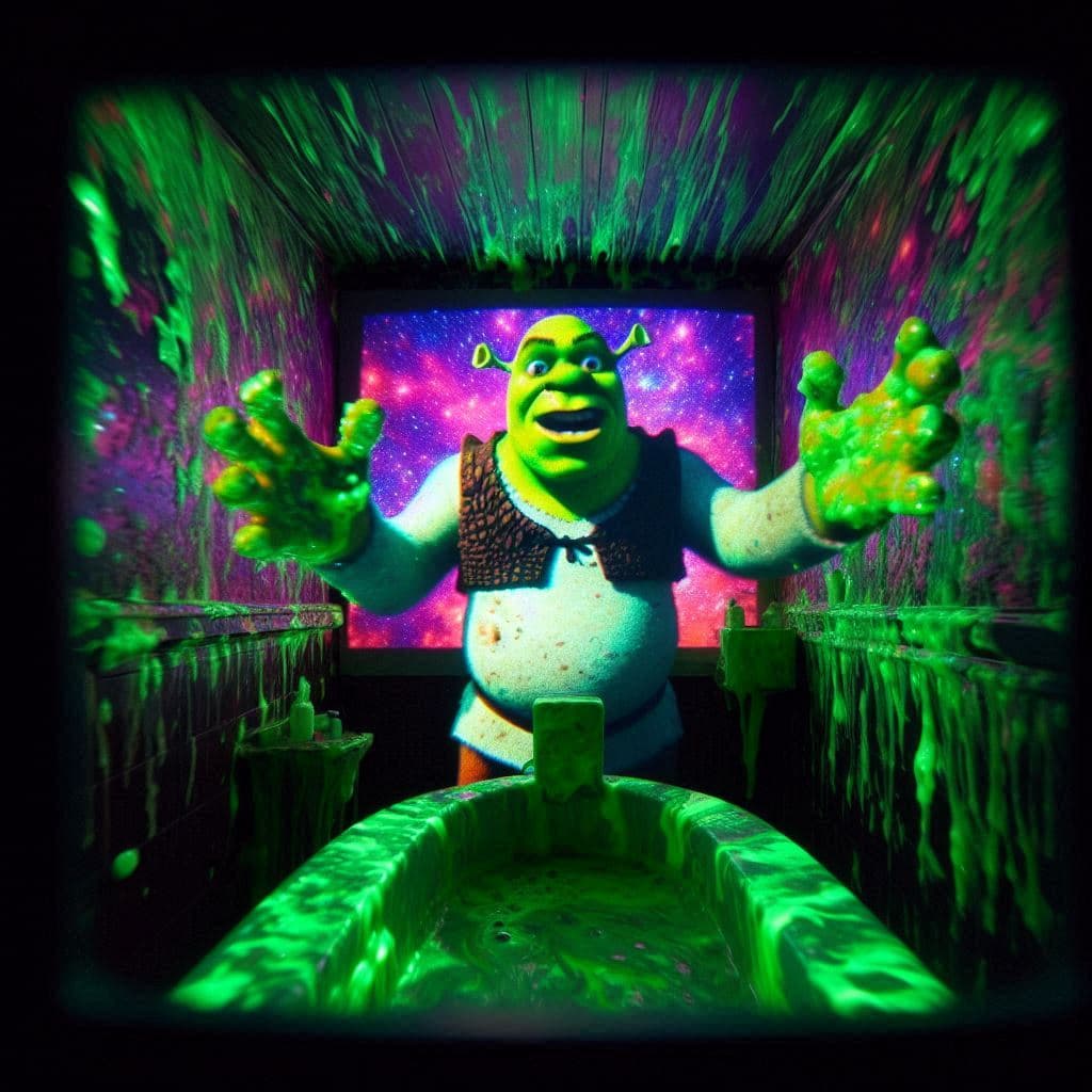 AI generated: vista despaldas, Shrek proyectado haciendo cosas extrañas y sin sentido dentro de un baño casero, de...