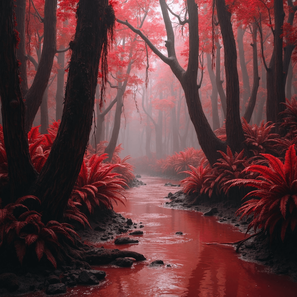 AI generated: A surreal, rain-soaked Ecuadorian rainforest, bathed entirely in crimson hues. Towering trees with d...