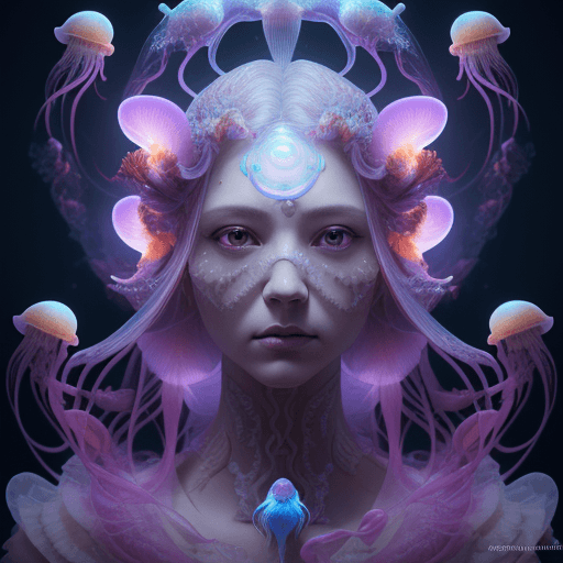 AI generated: Goddess close-up portrait ribcagel. jellyfish phoenix head, nautilus, orchid, skull, betta fish, bio...