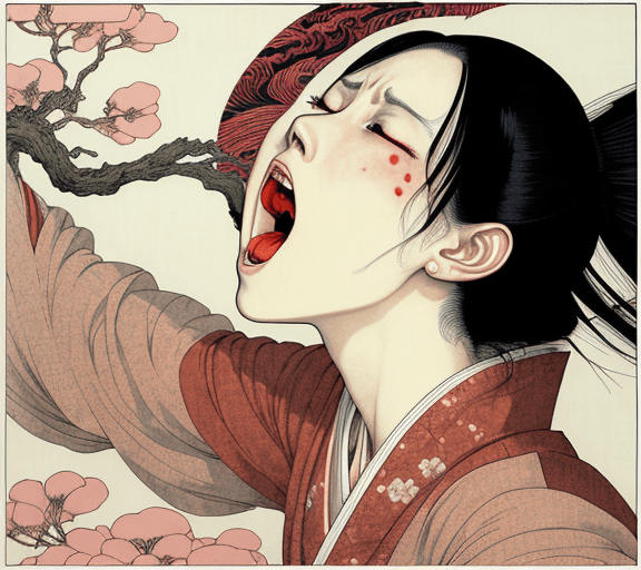 AI generated: Woman screaming, artwork by Takato Yamamoto
