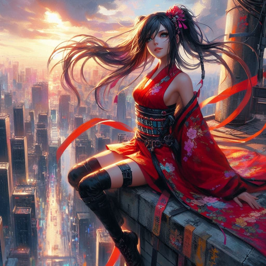 AI generated: painterly style, urbanpunk, more colorful, (Mai Shiranui wearing red sleeveless kunoichi dress, long...