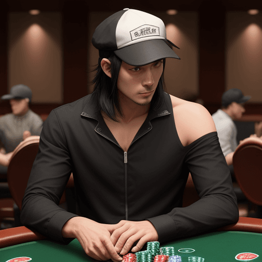 AI generated: A man with shoulder-length black hair wearing a cap sits at a poker table
