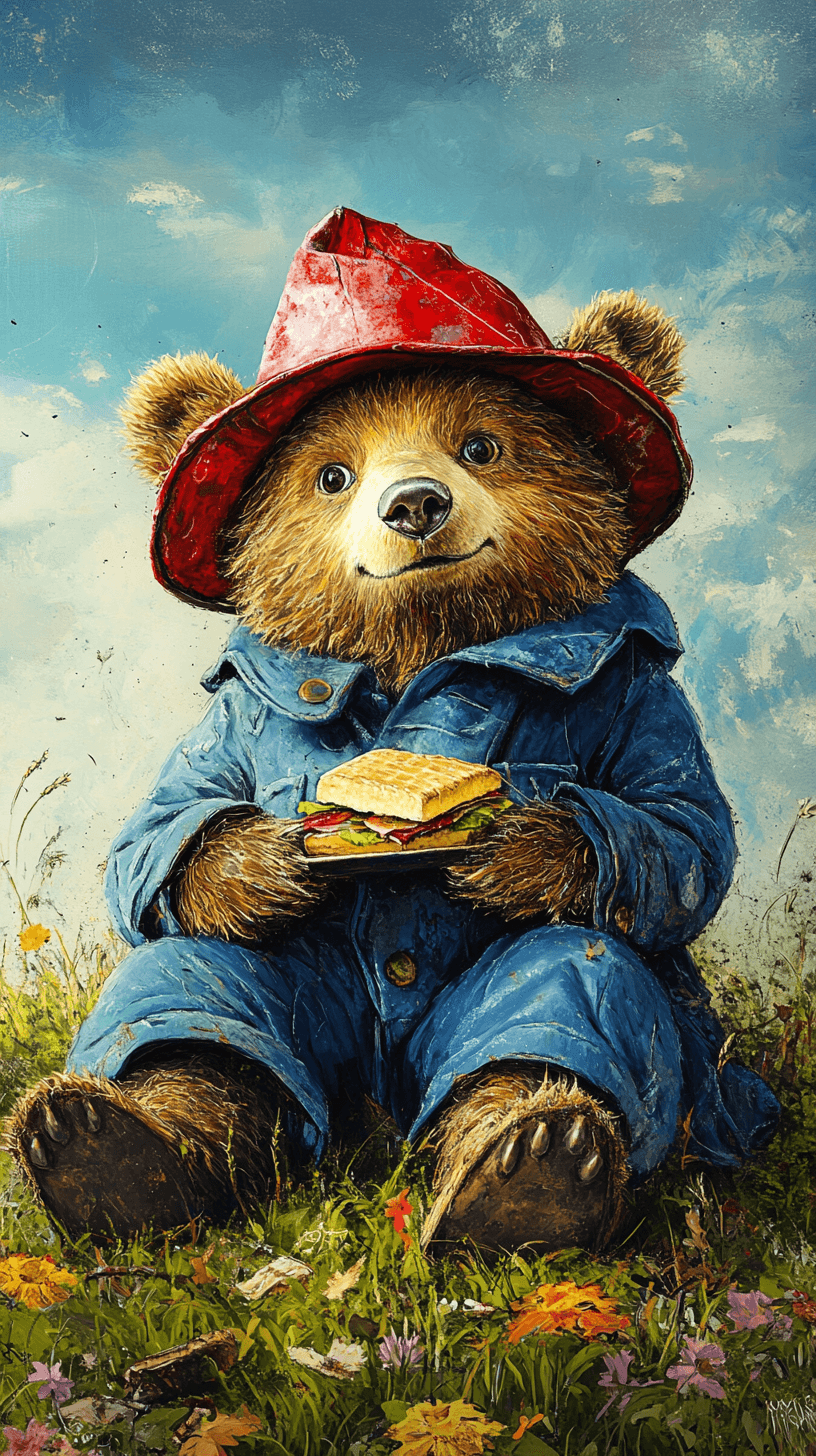 AI generated: masterpiece, best quality, Paddington, large bear character, (wear red stained bucket hat:1.2), (blu...