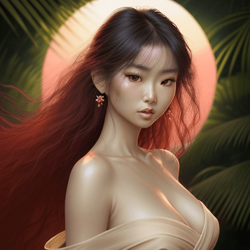 AI generated: Red sun , Beautiful Japanese girl, natural beauty in a green sarong , green flowers, Hyperrealism, b...