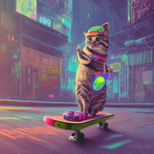 AI generated: Cyberpunk style, a cat standing on a skateboard, wearing a backwards baseball cap and holding a boom...