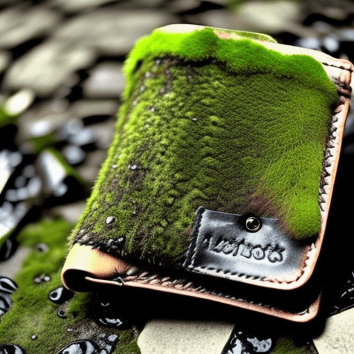 AI generated: The pockets of an abandoned wet leather wallet on a mossy pavement. Style: goth